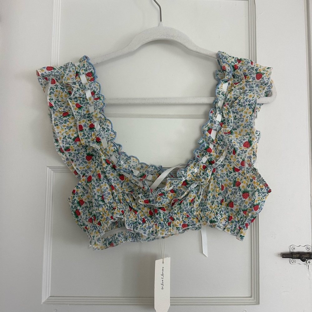 For Love & Lemons White Floral Strawberry Ruffle Crop Top - Picture 2 of 4